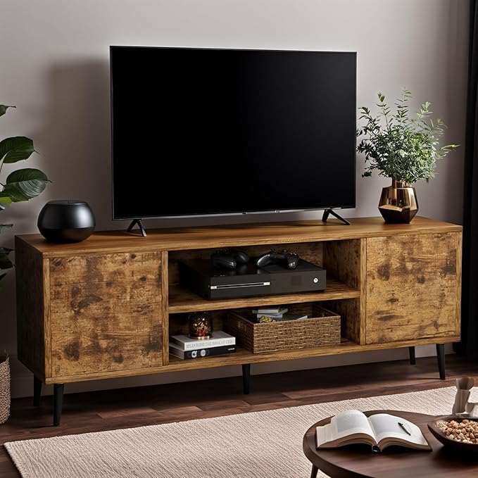 YESHOMY Modern TV Stand for 65" Television, Entertainment Center with Two Storage Cabinets and Open Shelves, Retro Style Media Console for Living Room, Bedroom, Office, 58 Inch, Rustic Brown