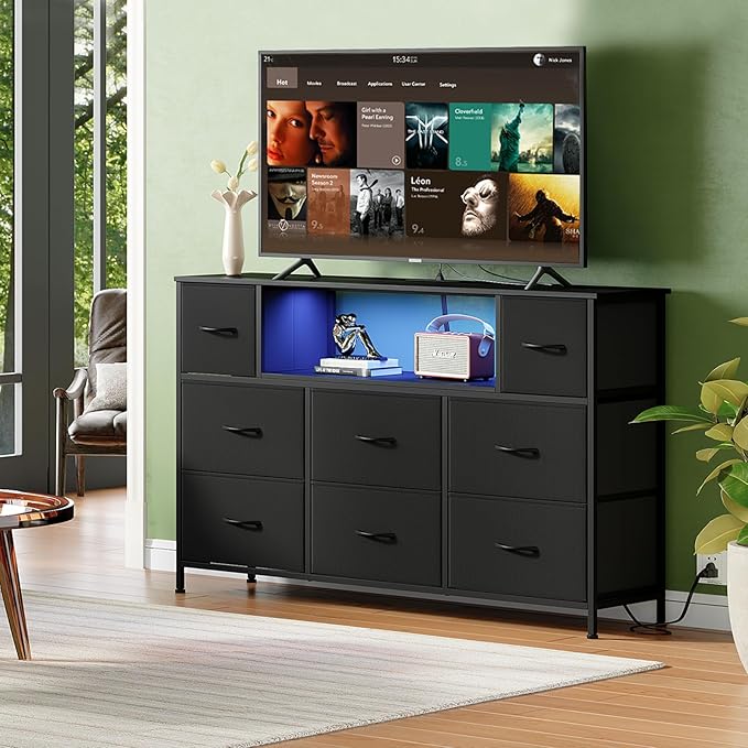 Somdot TV Stand for Bedroom, Dresser for Bedroom for 55 inch TV with Charging Station and LED Lights, Media Console Table with 8 Drawers, Open Shelf, Adjustable Feet,Living Room Furniture,Black