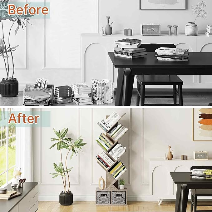 Vagusicc 6 Tier Tree Bookshelf, Small Bookcase with Storage Cabinet, Modern Tall Narrow Bookshelves Organizer, Floor Standing Book Shelf for Bedroom/Living Room/Home Office/Corner, Rustic Greige