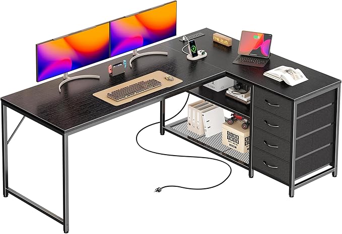 PRAISUN 61" L Shaped Desk with Power Outlets and USB-C Port, Reversible Computer Corner Office Desk with 4 Fabric Drawers and 2 Height-Adjustable Shelves, Large for Gaming Writing Work Study，Black