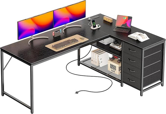 PRAISUN 61" L Shaped Desk with Power Outlets and USB-C Port, Reversible Computer Corner Office Desk with 4 Fabric Drawers and 2 Height-Adjustable Shelves, Large for Gaming Writing Work Study，Black