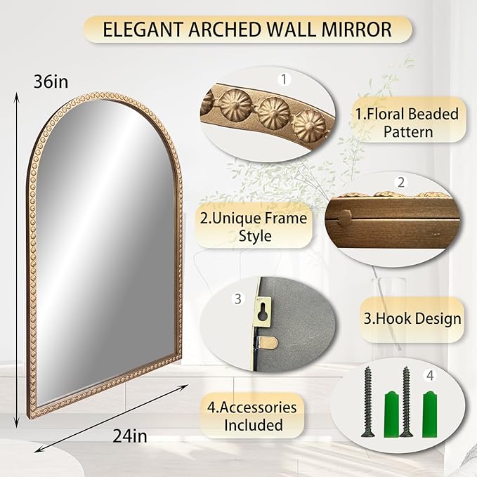 Gold Arched Mirror, 24"x36" Arch Vanity Mirrors for Bathroom, Metal Beaded Frame Decorative Accent Mirror, Ornate Vintage Mirrors for Fireplace Bedroom Living Room Hallway Entryway