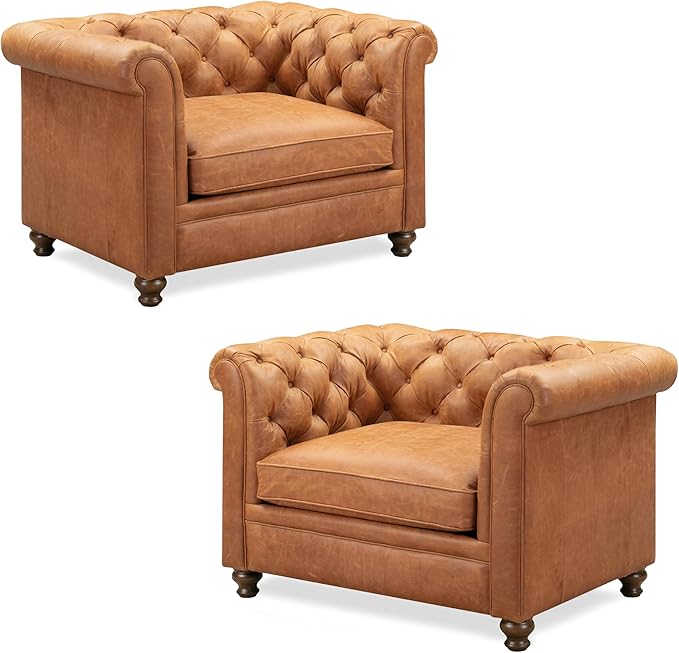POLY & BARK Lyon Leather Lounge Chairs - Set of 2 - Cognac Tan Full-Grain Leather Upholstery – Modern Upholstered Accent Chair for Living Room or Bedroom – Indoor Lounge Seating with Lasting Comfort