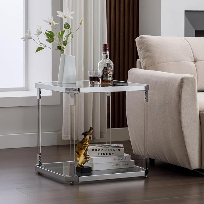 Glass Top Side Table - Silver Square Glass Top End Table Clear Acrylic Nightstand for Living Room Bedside Bedroom