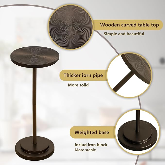 Drink Table Set of 2, Small Round Pedestal Side Table with Carved Top for Living Room, Bedroom, Small Space, Corners and Office, Brown