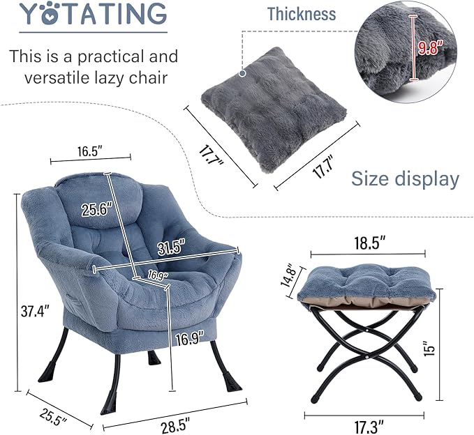 Lazy Chair with Ottoman, Comfy Reading Chair with Footstool & Throw Pillow Modern Lounge Accent Chair with Armrests & Side Pocket for Living Room, Bedroom, Dorm Room, Office