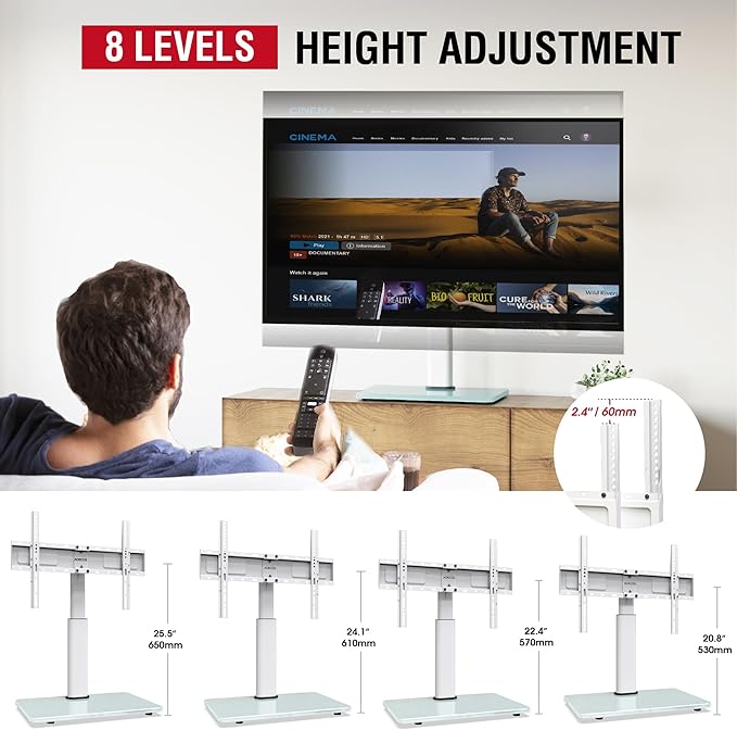 Swivel Universal TV Stand for 32-75 inch TVs with Tilt Down/Up, 8 Levels Height Adjustable Table Top TV Mount Stand with Stable Heavy Duty Tempered Glass Base, MAX VESA 600x400 mm up to 99lbs, White
