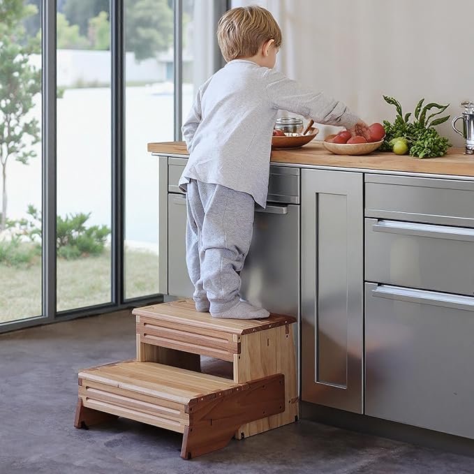 32" Wooden Two Step Stool for Adult & Kid, Wider, Deeper & Safer Bedside Steps, Anti-Slip. Riser 2-Step Spa & Hot Tub Stairs for Pool, Heavy Duty for Kitchen, Bathroom, Closet, High Bed Step
