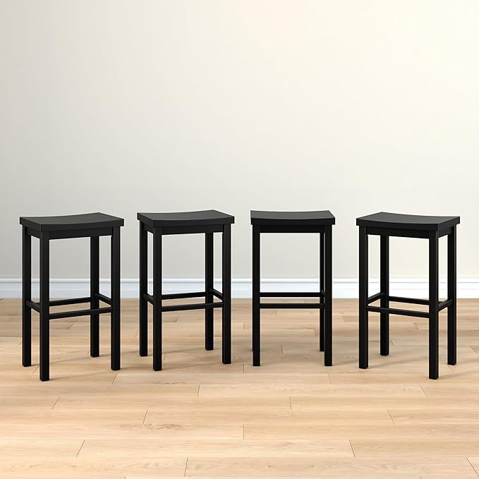Grain & Grove Smith Collection Set of 4 Solid Wood Bar Stools, 30 inch Saddle-Seat Bar Chairs, Backless, Heavy-Duty Construction, Footrest Support, for Kitchen Islands, Home Bars, and Counters, Black