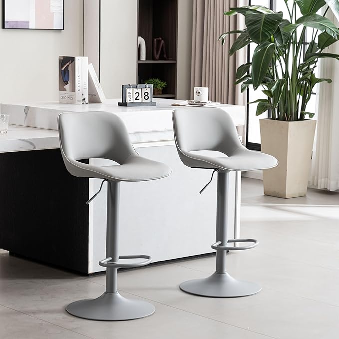 YOUNIKE Bar Stools Set of 2 All Grey Swivel Barstools, Adjustable Counter Height Bar Stools Faux Leather Upholstered Counter Stools with Hollow Back for Kitchen Island