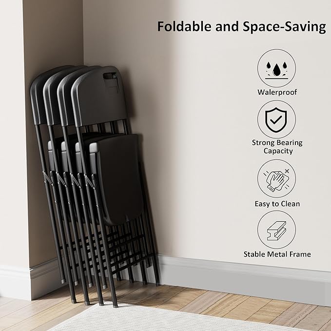 VECELO 4 Pack Folding Chairs, Indoor/Outdoor Use Plastic Seat with Steel Frame, for Events, Office, Wedding, Party, Stackable & Portable, Black