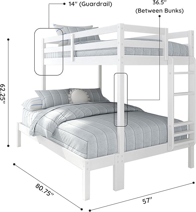 Grain & Grove Bear Twin Over Full Bunk Bed, Sturdy Bunk Bed Frame for Kids, Plywood Bunk with Ladder, Guardrail, and Slats, No Box Spring Required, Brushed White