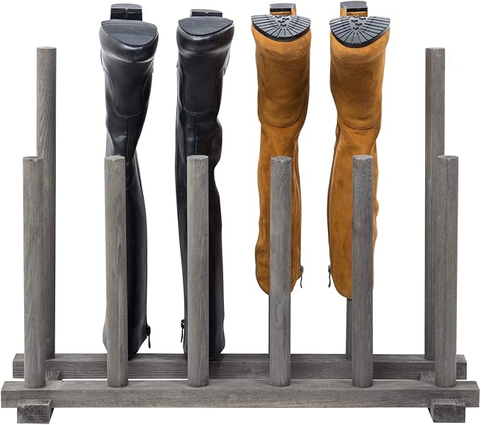 MyGift Vintage Weathered Gray Solid Wood Floor Standing Boot Holder Rack, Wooden Entryway Shoe Storage Organizer Stand Holds 6 Pairs of Tall and Short Boots