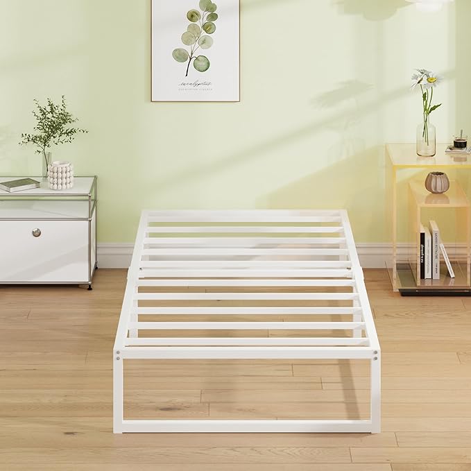 EMODA 12 Inch Twin XL Bed Frame, Metal Platform White Bed Frame No Box Spring Needed, Heavy Duty Steel Slats Support, Easy Assembly, Noise Free