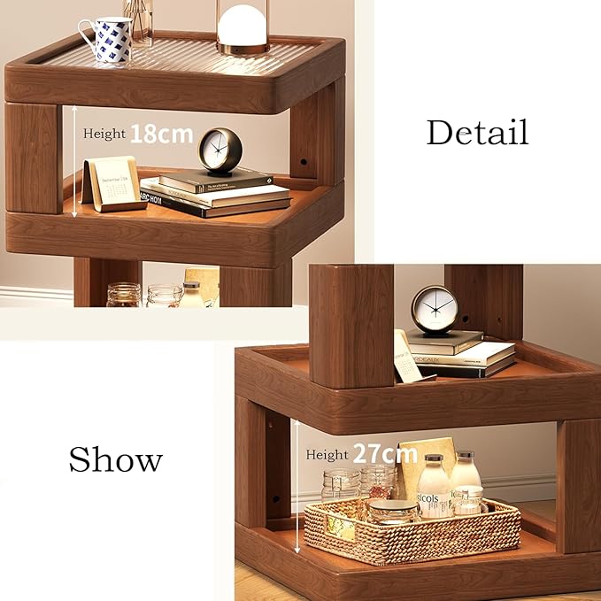 Solid Wood Nightstand,End Tables Bedroom Small Shelf Modern Nightstand Wood Side Table (GLASS-21.3 * 17.7 * 17.7)