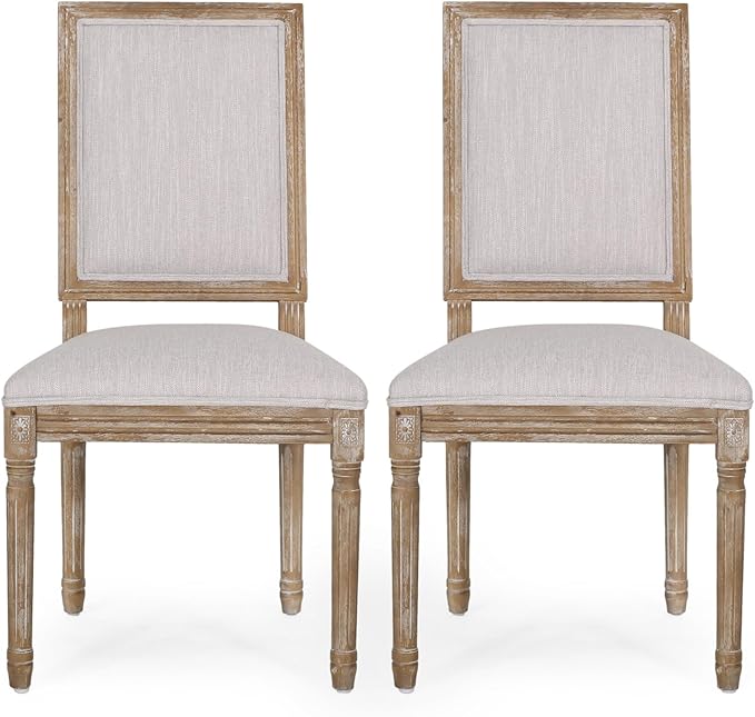 Merax Upholstered Solid Wood Dining Chairs Set of 2, French Country Style Accent Side Seating Furniture for Kitchen, Living Room, Cushioned Back, Light Grey