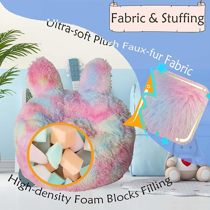 Bean Bag Chair for Kids with Plush Faux Fur Cover, 2.5FT Memory Foam Filled Bean Bag for Teens & Kids, Lazy Sofa for Living Room/Bedroom/Dorm, Rabbit-Ears Design