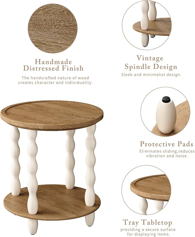 Round End Table, 2-Tier Farmhouse End Table, 18.5'' Handcrafted Weathered Look Wooden Nightstand Accent Table, Pine Leg, Small Side Tables for Living Room, Small Space, Bedroom, Boho, Easy Assembly