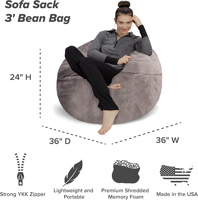 Sofa Sack Bean Bag Chair - Plush, Ultra Soft - Memory Foam Bean Bag Chair with Faux Rabbit Fur Cover - Stuffed Foam Filled Furniture and Accessories for Dorm Room 3 Feet - Gray