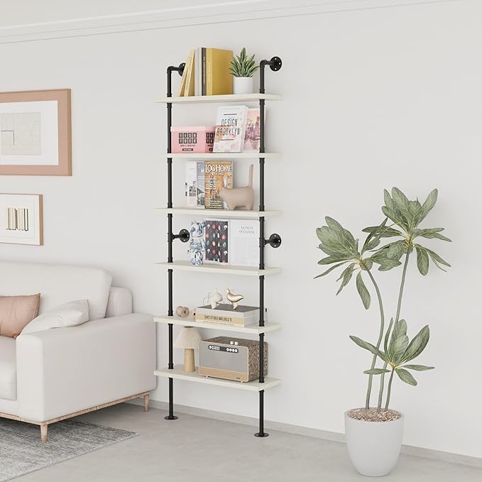 Pipe Shelves, Wall Mounted Wood Metal Industrial Shelves, Ladder Bookshelf for Living Room (White, 10" D x 30" W x 82.5" H)