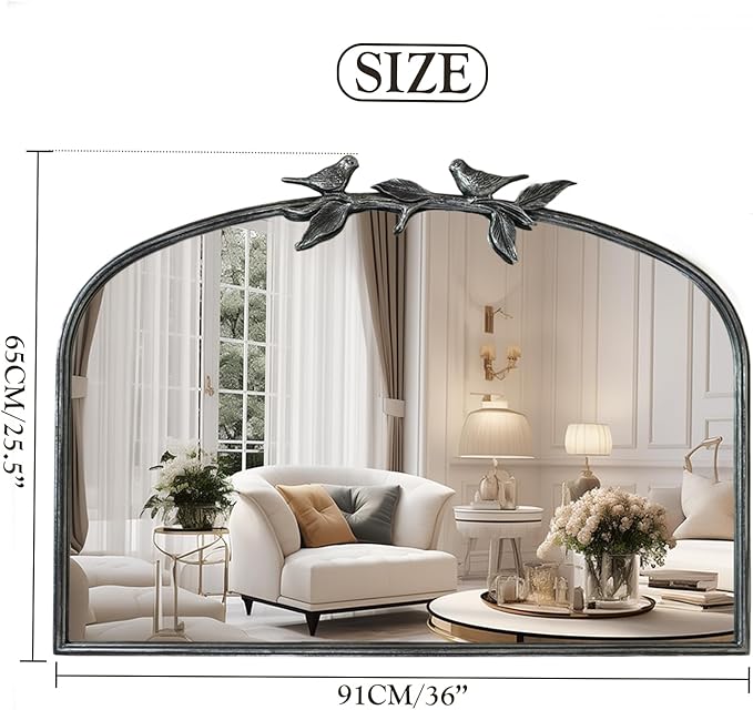 Silver Vintage Mirror - 36x24 Inch, Arched Antique Mirror with Ornate Frame for Bathroom, Living Room, Fireplace, Entryway