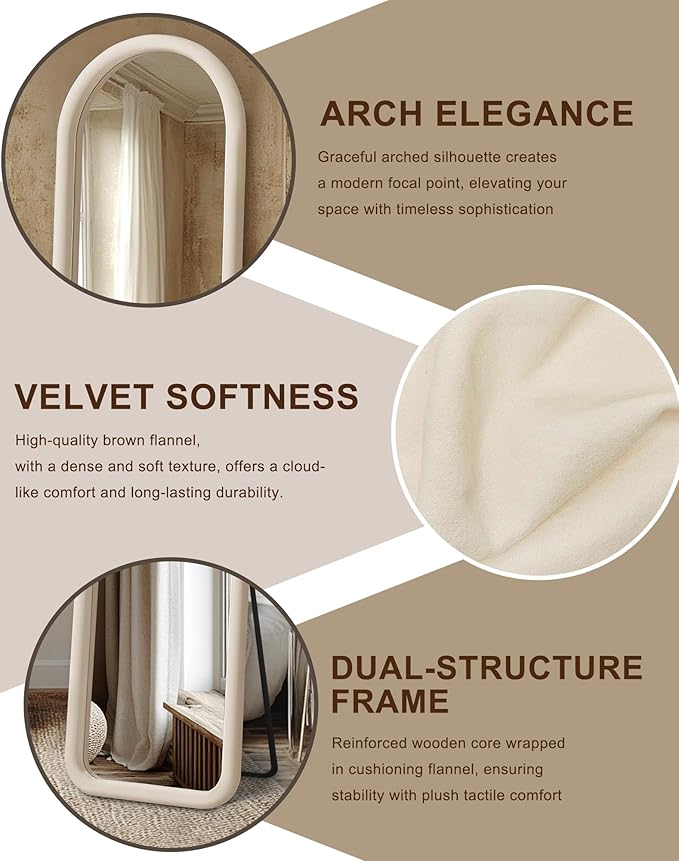 Delma Arched Full Length Mirror, Free Standing Floor Velvet Frame Mirror for Leaning or Hanging, Soft Touch Bedroom & Living Room Decor, Cream White
