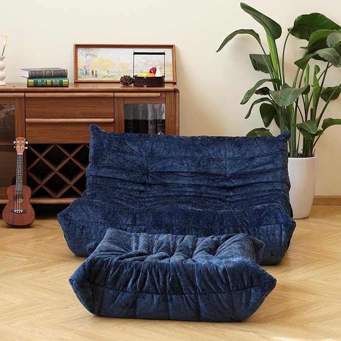 N&V Fireside Chair, Mid Century Armless Floor Sofa, Soft Premium Chenille Floor Lounge Chair, Foam Sofa Accent Chair for Living Room Bedroom and Office (Blue, Loveseat)