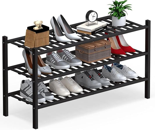 Haddockway Long 3 Tier Bamboo Shoe Rack Storage Organizer, Multifunctional Free Standing Stackable Shoe Shelf with Grid Panel for Closet,Hallway,Entryway,Small Space 34.2"x11"x20"(Black, 3-Tier(Long))