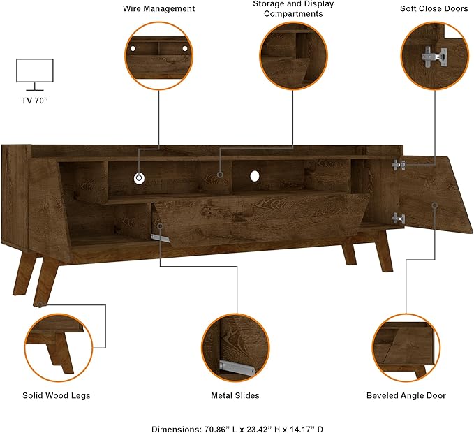 Manhattan Comfort Marcus Mid Century Modern 70 Inch TV Stand with Drawers, Cable Management, 4 Shelves and Soft Close Doors, Entertainment Center and Media Console for Living Room, Brown