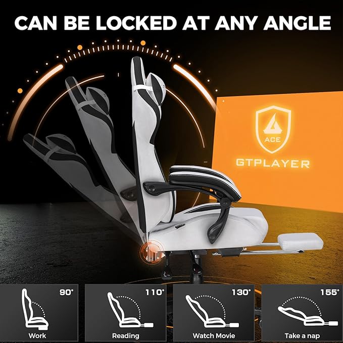 GTPLAYER Gaming Chair Fabric with Footrest, Big and Tall Game Chair High Back Computer Office Chair with Lumbar Support for Adults, Ergonomic Swivel Games Chair with Cushion Gaming Grey