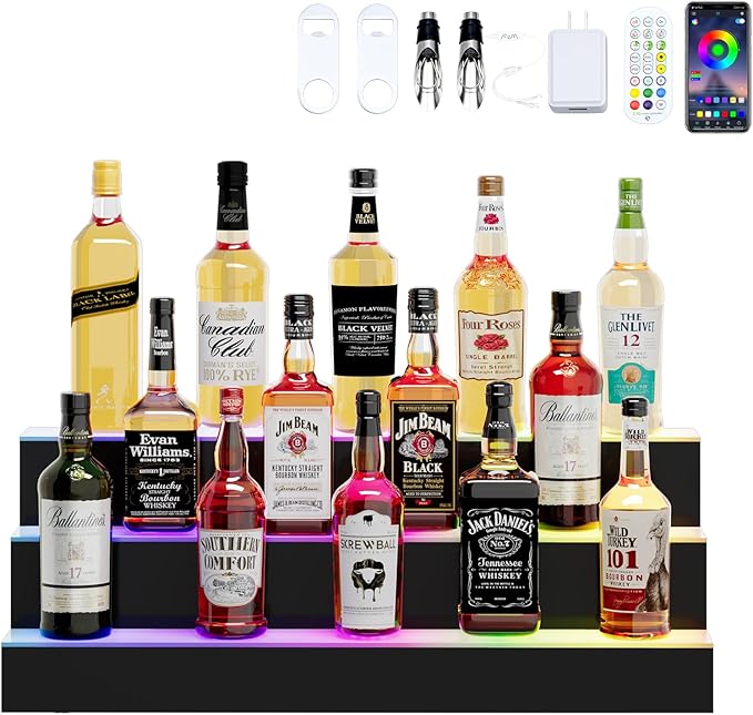 Dethan 3 Tier 30 Inch Liquor Bottle Display Shelf - Illuminated Wine Racks with Multi-Color App & Remote Control, Adjustable Brightness & Sound Modes, Acrylic Bar Shelves Displays