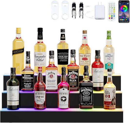Dethan 3 Tier 30 Inch Liquor Bottle Display Shelf - Illuminated Wine Racks with Multi-Color App & Remote Control, Adjustable Brightness & Sound Modes, Acrylic Bar Shelves Displays