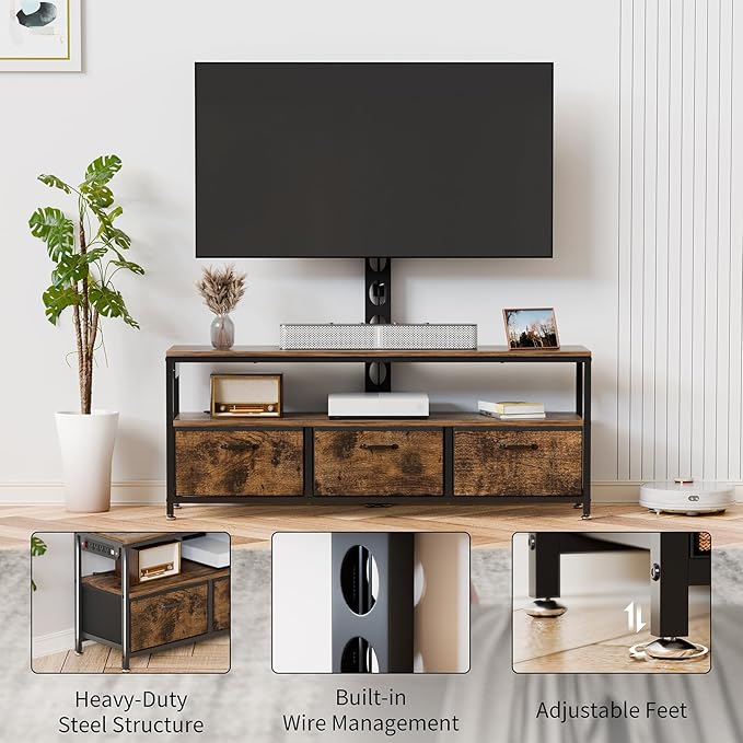 JUSTOGO TV Stand with Mount and Power Outlet, TV Stand with Drawers Storage for Living Room Bedroom, LED Entertainment Center for 45/55/60/65 inch, Height Adjustable Media Console, Rustic