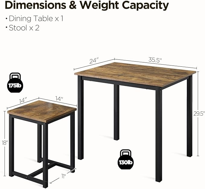 Yaheetech Industrial Dining Kitchen Table Set for 2 Breakfast Nook Table w/ 2 Stools for Dining Room Kitchen Small Space, Rustic Brown