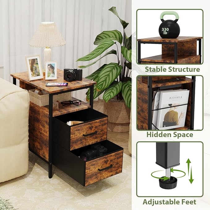 End Table with Charging Station, Narrow Side Table with 2 Fabric Drawer & Storage Shelf, USB Ports & Power Outlets, Narrow Nightstand for Bedroom Living Room and Small Spaces, Rustic Brown