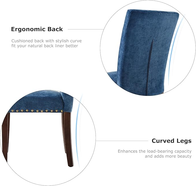 COLAMY Upholstered Parsons Dining Chairs Set of 4, Fabric Dining Room Kitchen Side Chair with Nailhead Trim and Wood Legs - Dark Blue
