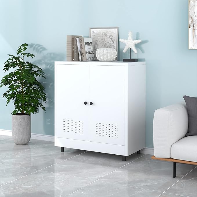 Metal Storage Cabinet with 2 Doors and Adjustable Shelf, Free Standing Accent Sideboard Buffet Cabinet for Home, Office, Entryway, Hallway, Living Room, Kitchen and Dining Room (White)