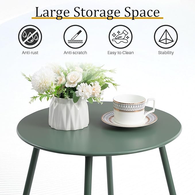 HollyHOME Round Metal Side Table, Rust-Resistant Patio Small Plant Stand, Outdoor 17.32'' Portable End Table for Balconies, Gardens, Living Rooms and Bedrooms, Atrovirens