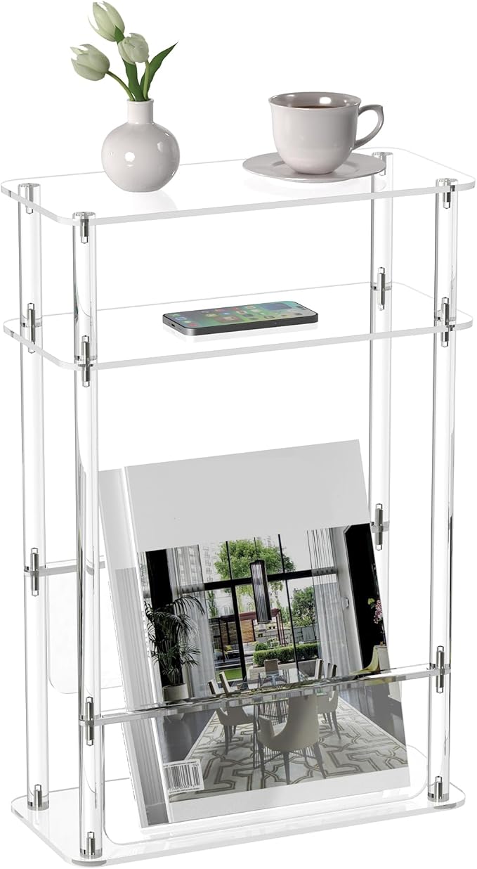HMYHUM Acrylic Narrow End Table for Small Spaces with Magazine Holder, Slim Side Small Nightstand/Bedside Table for Living Room, Bedroom, 3 Tier, 15.7" L x 7" W x 23" H, Clear