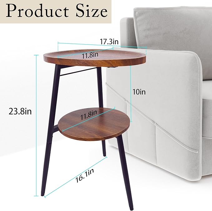 Side Table Small End Table, Oval & Round Wood Sofa Table, 2-Tier Accent Table Nightstand Bedside Table with Metal Frame for Living Room, Bedroom, Small Spaces (Rustic Brown)
