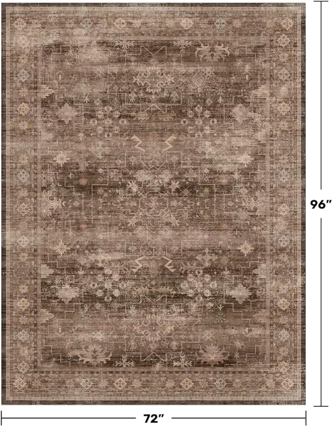Boho Brown Living Room Rug 6x8 - Modern Vintage Traditional Oriental Taupe Neutral, Washable Low Pile Non-Slip Extra Large Area Rugs for Dining Under Table Bedroom Lounge