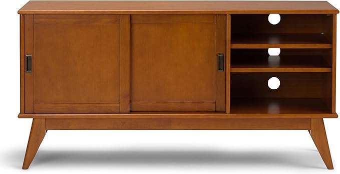 SIMPLIHOME Draper SOLID HARDWOOD 60 Inch Wide Mid Century Modern TV Media Stand in Teak Brown For TVs up to 65 Inches, For the Living Room and Entertainment Center
