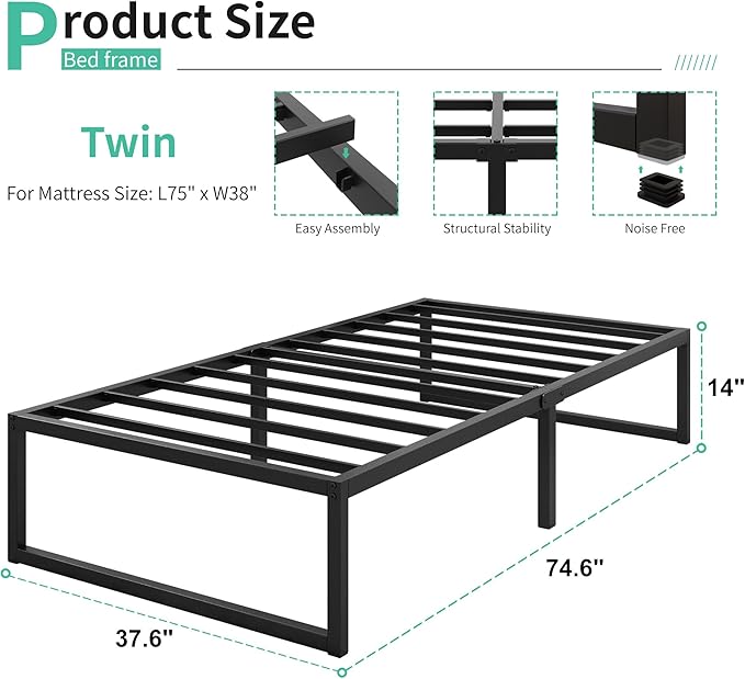 14 Inch Twin Bed Frames Heavy Duty Metal Twin Size Platform Bed Frame No Box Spring Needed, Noise Free, Easy Assembly, Black