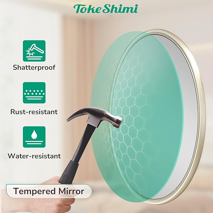 TokeShimi 24 Inch Circle Bathroom Mirror Brushed Nickel, Tempered Round Wall Mirror, Shatterproof 24x24 Hanging Wall Mirrored Farmhouse for Bedroom, Entryway, Restroom, Vanity, Living Room