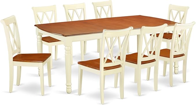 East West Furniture DOCL9-BMK-W 9 Piece Dining Table Set Includes a Rectangle Dining Room Table with Butterfly Leaf and 8 Wood Seat Chairs, 42x78 Inch, Buttermilk & Cherry