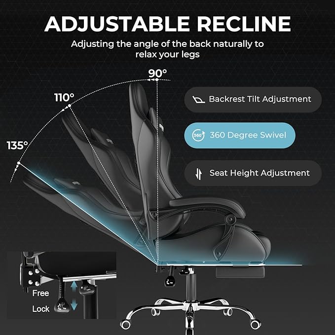 GTPLAYER Gaming Chair, Computer Chair with Footrest and Lumbar Support, Height Adjustable Game Chair with 360°-Swivel Seat and Headrest and for Office or Gaming (Faux Leather, Black)