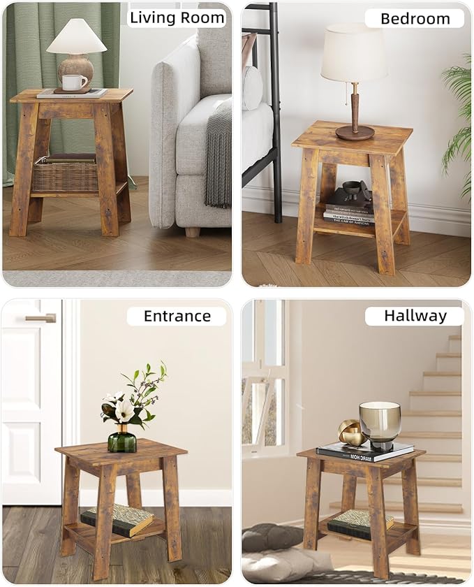 Garvee End Table, Side Table with 2-Tier Storage Shelf, Sofa Table for Small Space, Square Nightstand for Entryway, Farmhouse, Living Room, Easy Assembly, Rustic Brown