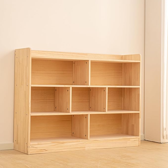 Wooden 7 Compartment Storage Cabinet Organizer Kids 3 Tier Wood Bookshelf School Storage Shelf Classroom Furniture for Kids Natural (47.24" L x 11.81" W x 35.43" H)