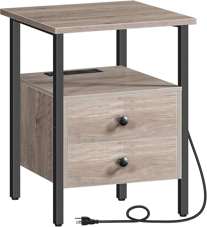 HOOBRO End Table with Charging Station, Nightstand with 2 Drawer & USB Ports & Power Outlets, Bedside Table for Small Spaces, Stable and Sturdy, for Living Room, Bedroom, Greige and Black BG43UBZ01
