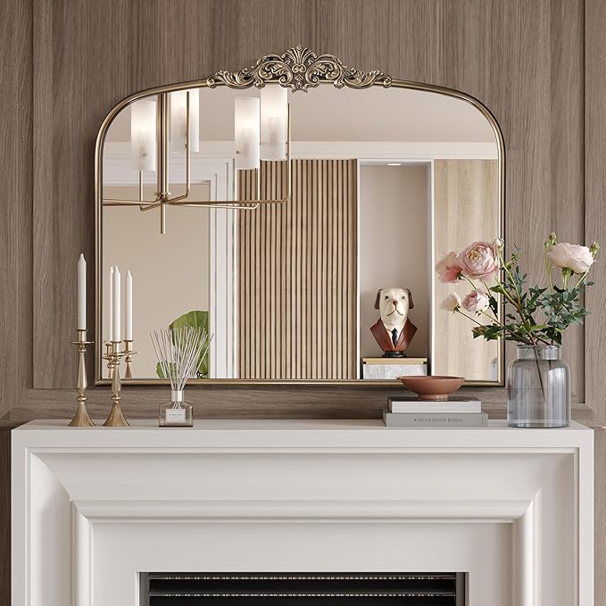 Vintage Gold Ornate Baroque Mirror, 30” x 36” Arched Antique Brass Mirrors for Fireplace Mantel, Arch Bathroom Vanity Mirror for Wall with Metal Frame for Entryway Bedroom Living Room